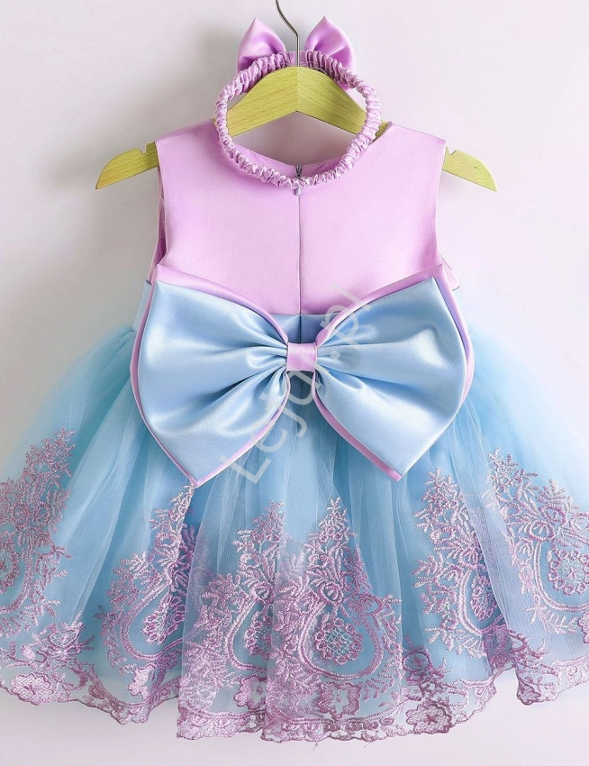 Komplet z opaską, sukienka dla dziewczynki na roczek, na święta, wesele fioletowo błękitna 2022
