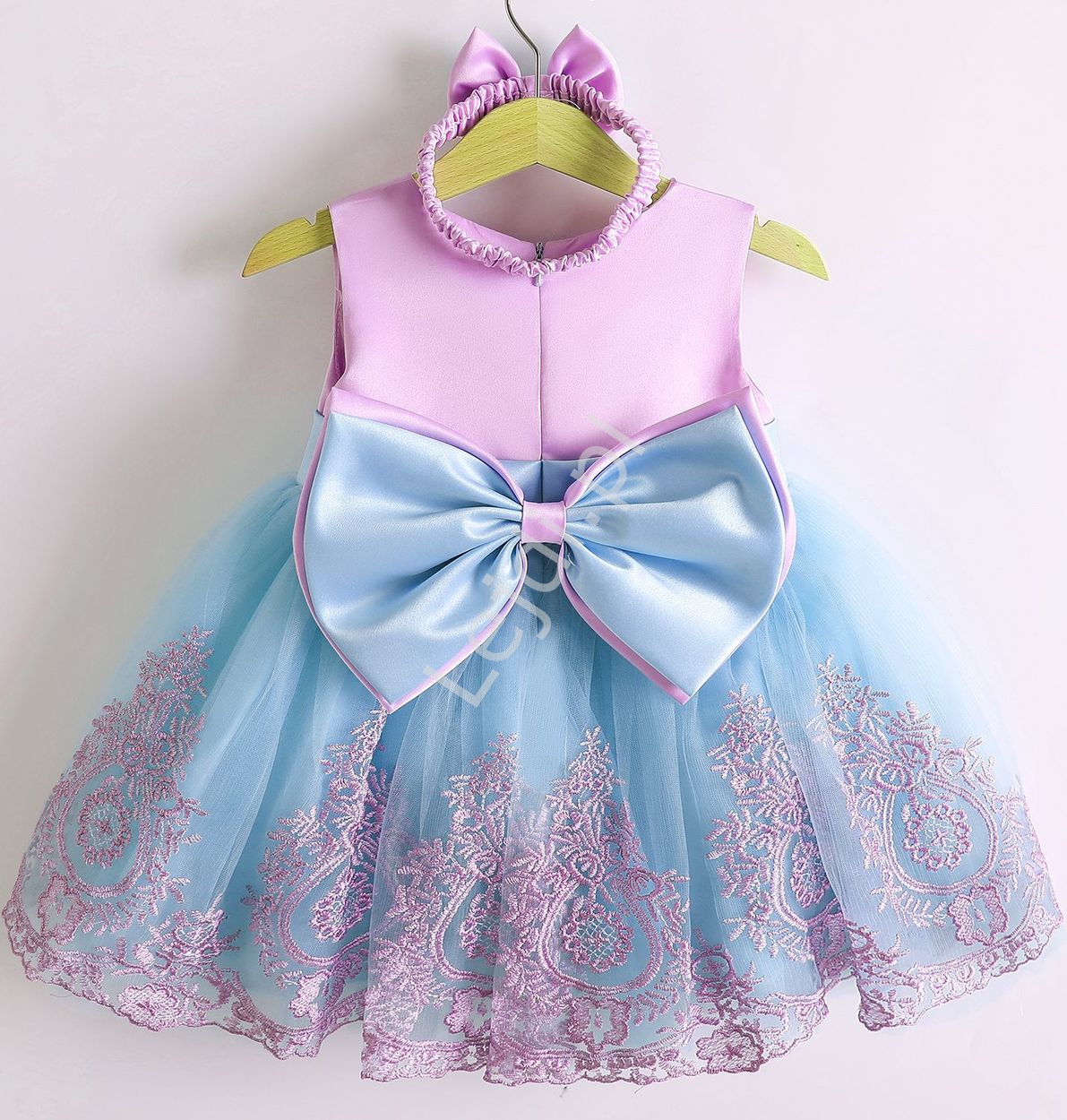 Komplet z opaską, sukienka dla dziewczynki na roczek, na święta, wesele fioletowo błękitna