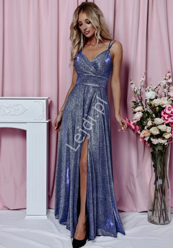 Kopertowa długa suknia srebrno niebieski multi disco 1001
