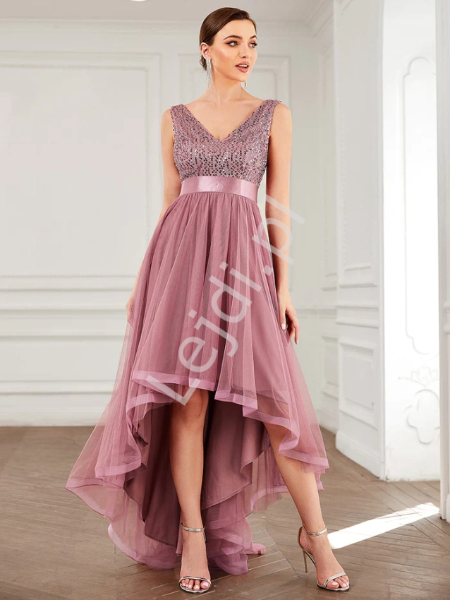 Pustynno różowa sukienka asymetryczna, stylowa sukienka wieczorowa na wesele, na studniówkę 0147