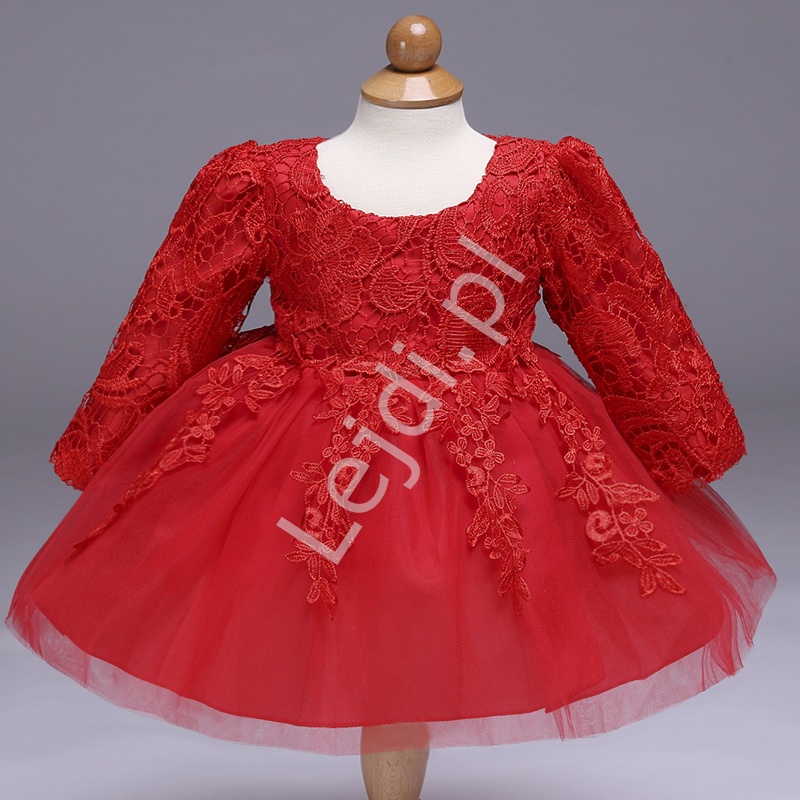 Przepiękna sukienka tiulowa z długim rękawem - czerwona