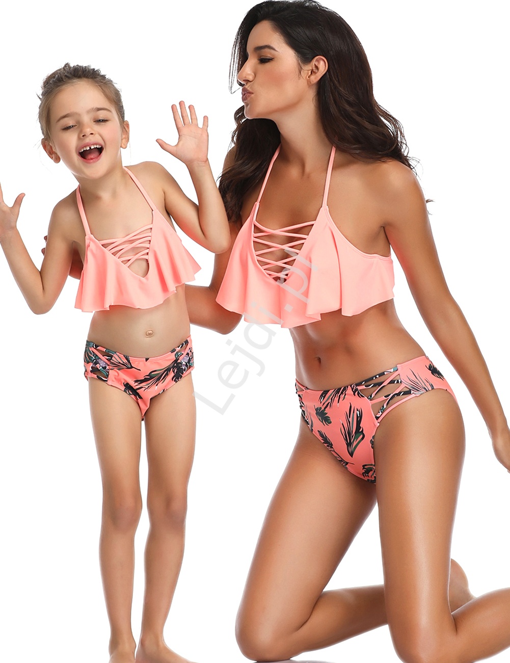 Koralowe bikini dla mamy i córki ze sznureczkami