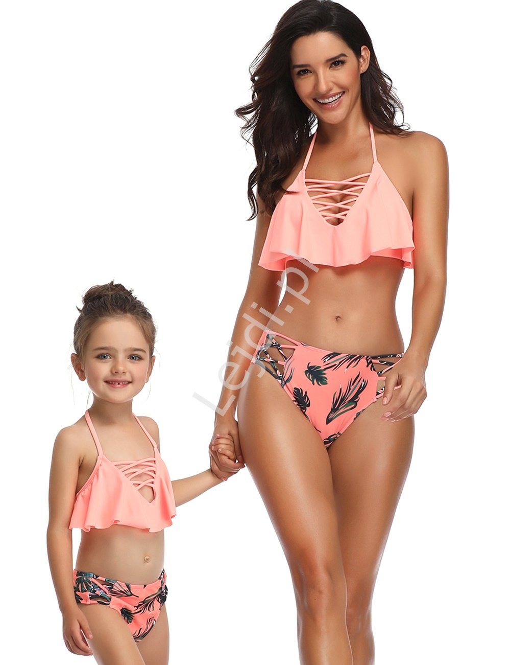 Koralowe bikini dla mamy i córki ze sznureczkami