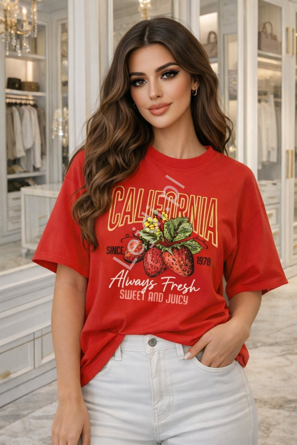 Koszulka damska nadruk truskawka, Strawberry na plecach czerwona California