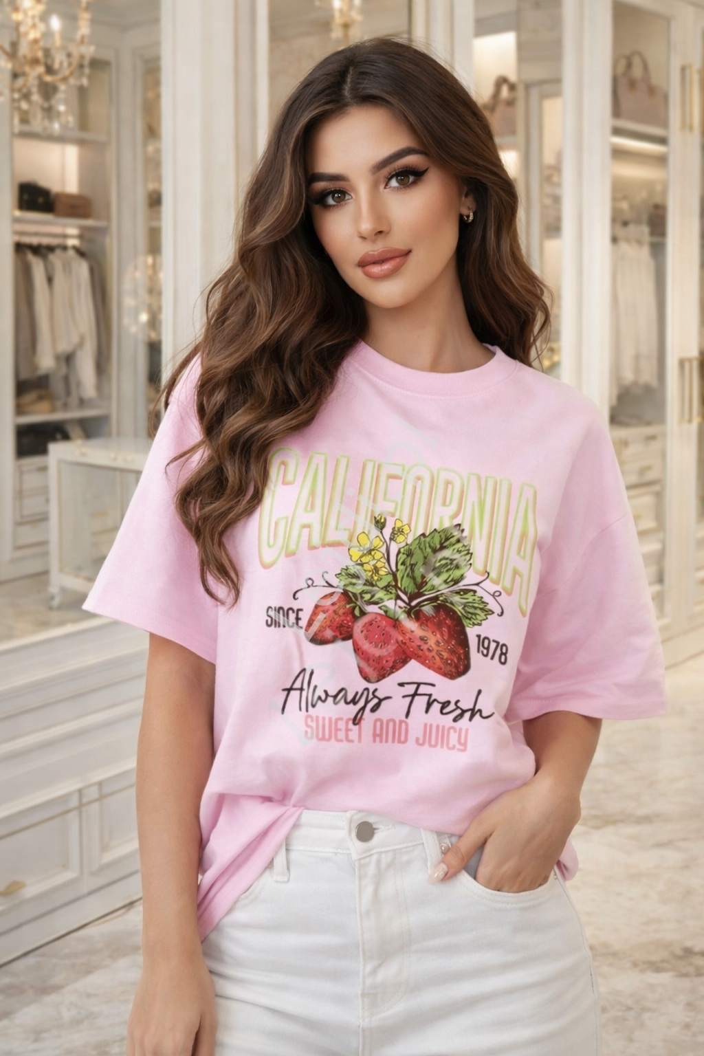 Koszulka damska nadruk truskawka, Strawberry na plecach jasno różowa California