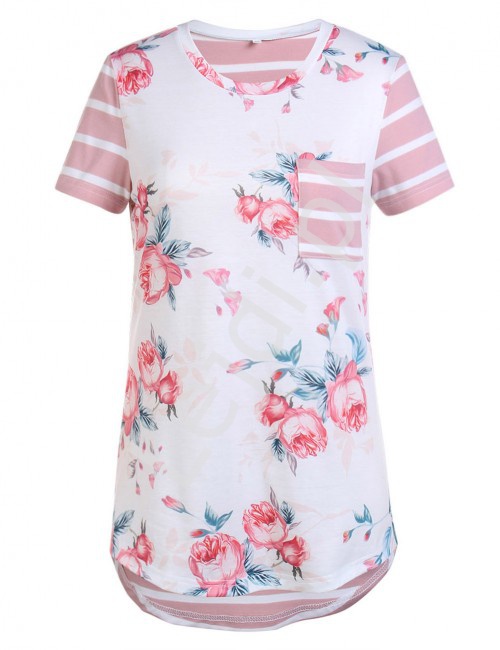 Koszulka damska w kwiaty z paskami na plecach różowo białymi