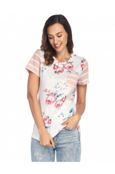 Koszulka damska w kwiaty z paskami na plecach różowo białymi