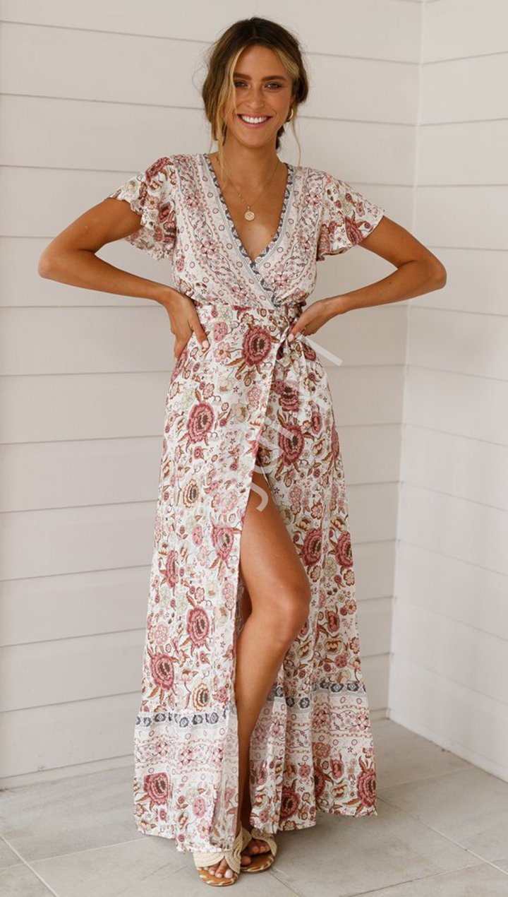 Kremowa sukienka letnia w kwiatowy wzór, zwiewna sukienka maxi 7524 - Lejdi