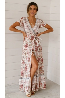 Kremowa sukienka letnia w kwiatowy wzór, zwiewna sukienka maxi
