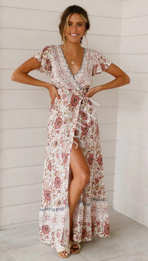 Kremowa sukienka letnia w kwiatowy wzór, zwiewna sukienka maxi 7524