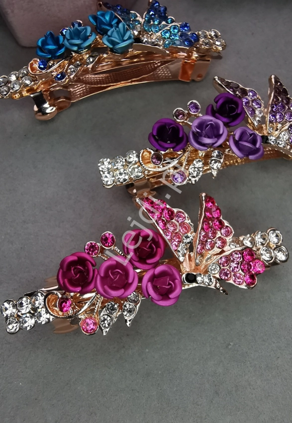 Kryształkowa spinka do włosów z kryształkami z motylami i różami fuksjowa