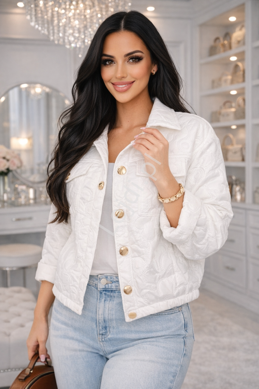 Kurtka damska pikowana kwiatkami ecru 5719