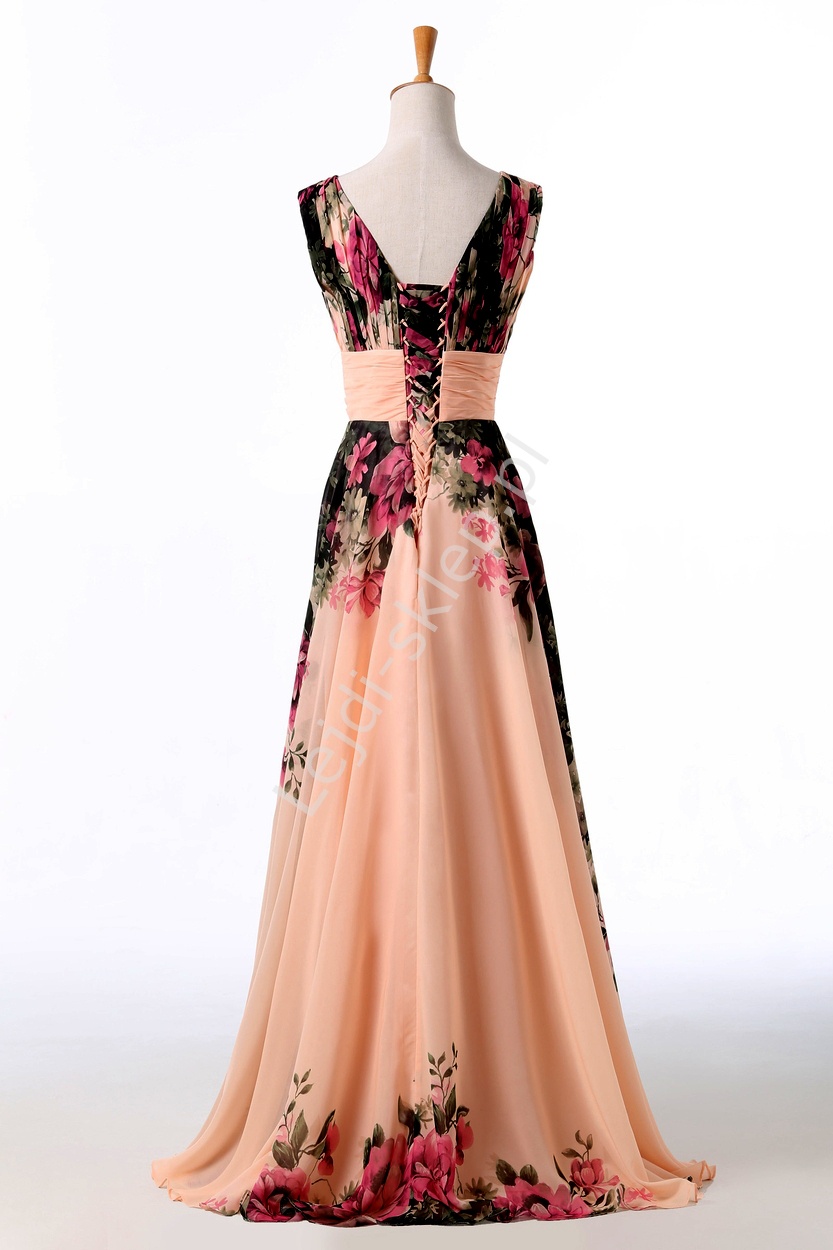 Sukienka w kwiaty koralowo różowa, kwiatowa elegancka na wesele, studniówki dla mamy