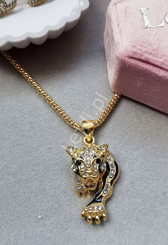 Łańcuszek żmijka z tygrysem z kryształkami w kolorze złota