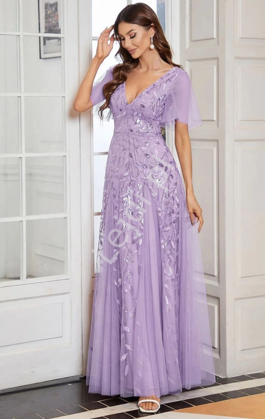 Lawendowa długa suknia z haftami listkami 0734
