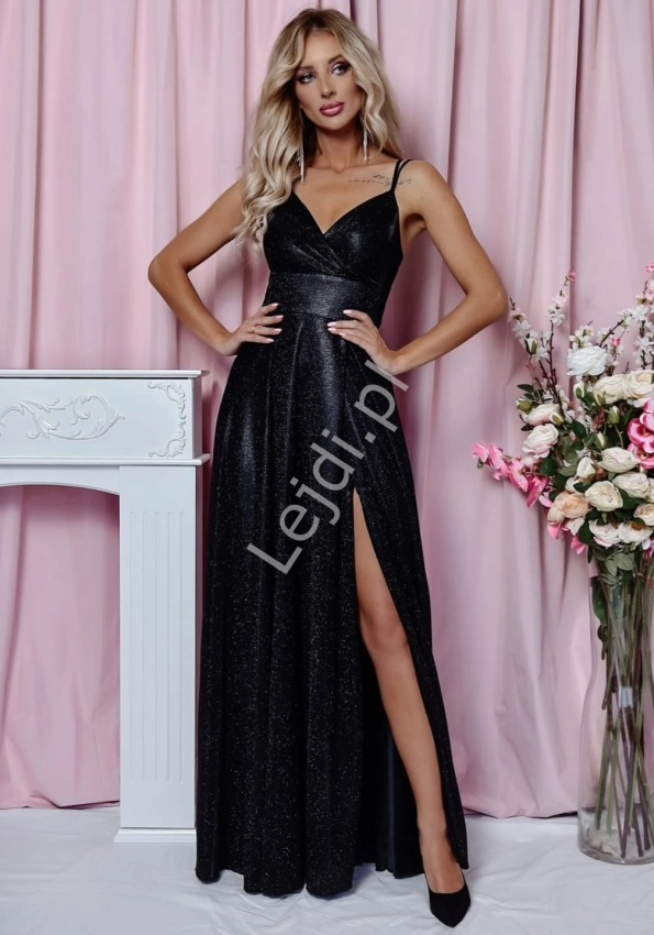Luksusowa elegancka czarna sukienka z błyszczącymi opiłkami lureksowa 1171