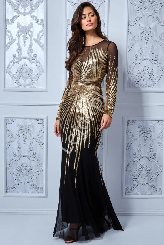 Luksusowa sukienka cekinowa w czarnym kolorze z złotym haftem cekinowym, Goddiva 3276
