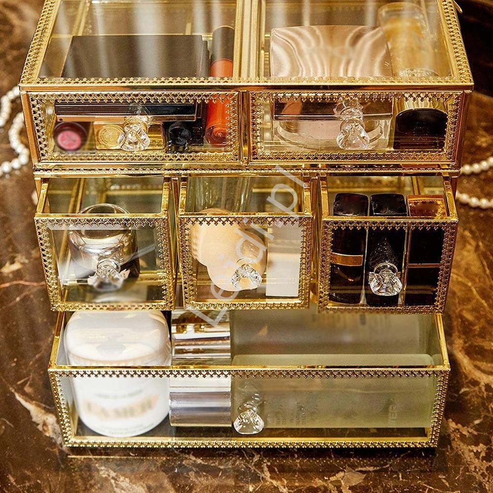 Szklana kasetka na kosmetyki, biżuterię - trzy szufladki