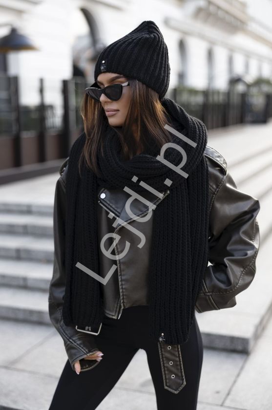 Luksusowy czarny komplet z wełną czapka i grubo dzierany szal z dzierganym Arizona