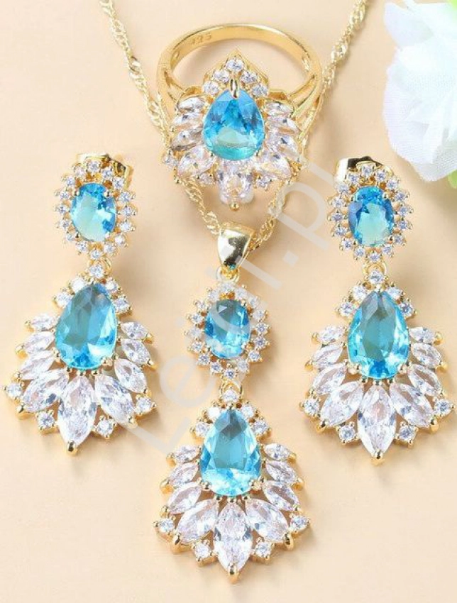 Luksusowy zestaw z niebieskim kryształem pozłacany  3 częściowy
