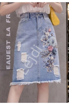 Midi spódnica jeansowa z kwiatami 3D 217