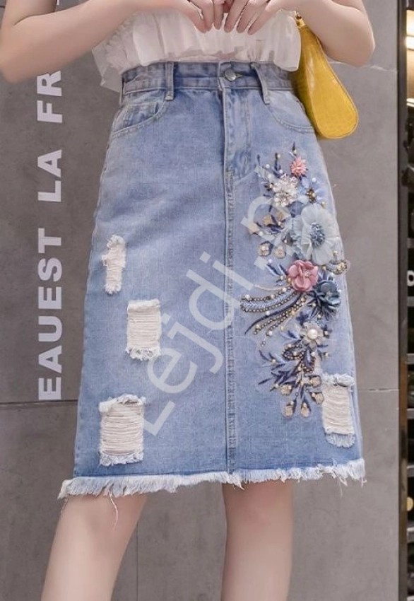 Midi spódnica jeansowa z kwiatami 3D 217
