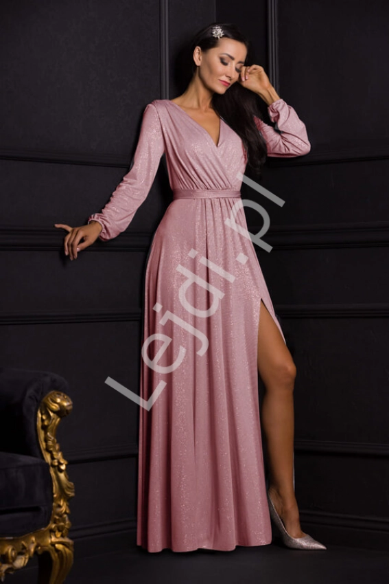 Modna sukienka wieczorowa różowa z brokatem, rozmiary od 34 do 54, Salma 2