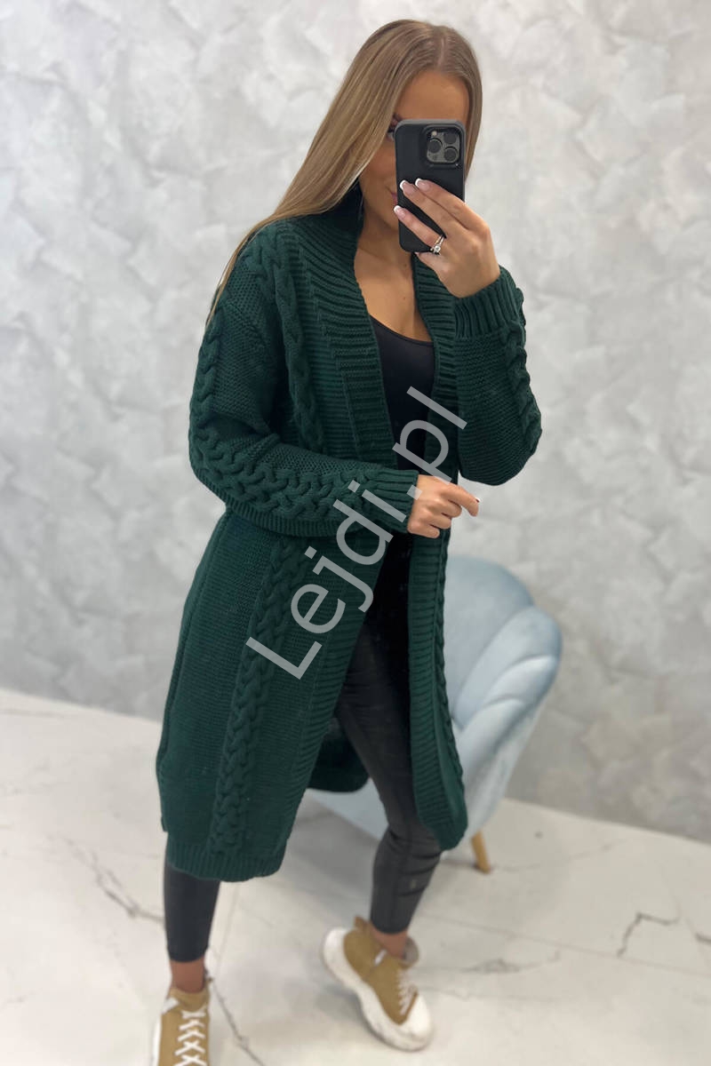 Narzutka swetrowa z splotem w warkocz, butelkowo zielony długi sweter 2019-01