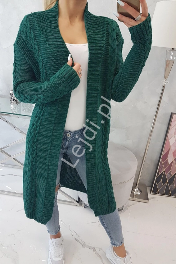 Narzutka swetrowa z splotem w warkocz, butelkowo zielony długi sweter 2019-01