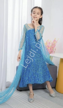  Niebieska cekinowa sukienka Elzy, strój karnawałowy na przebranie Frozen, Kraina Lodu