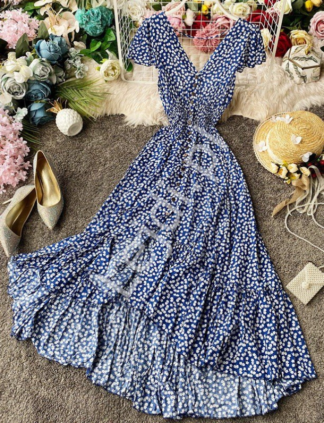 Niebieska sukienka w kwiaty, letnia sukienka zwiewna 3724