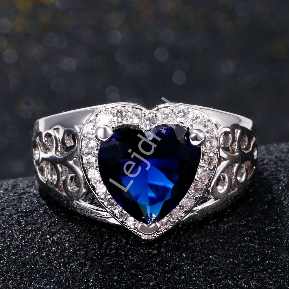Pierścionek posrebrzany 925 z szafirem  i cyrkoniami - pierścionek zaręczynowy, prezent walentynkowy