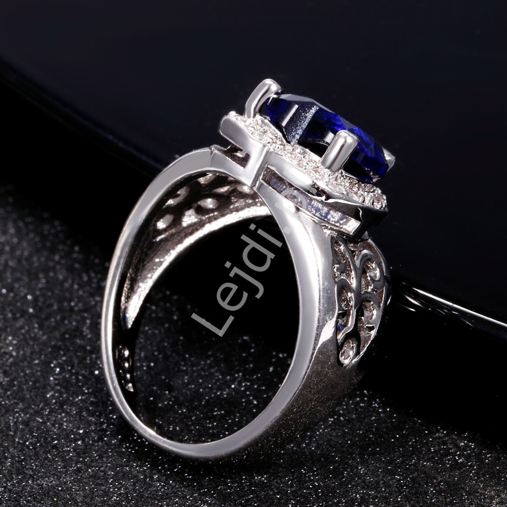 Pierścionek posrebrzany 925 z szafirem  i cyrkoniami - pierścionek zaręczynowy, prezent walentynkowy