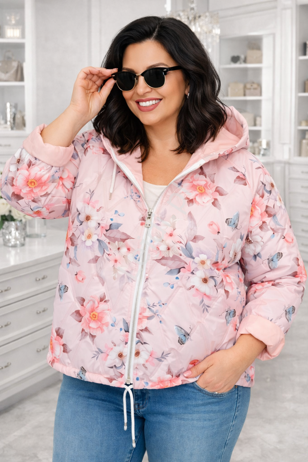 Pikowana kurtka wiosenna w kwiaty Plus Size biust do 130cm różowa