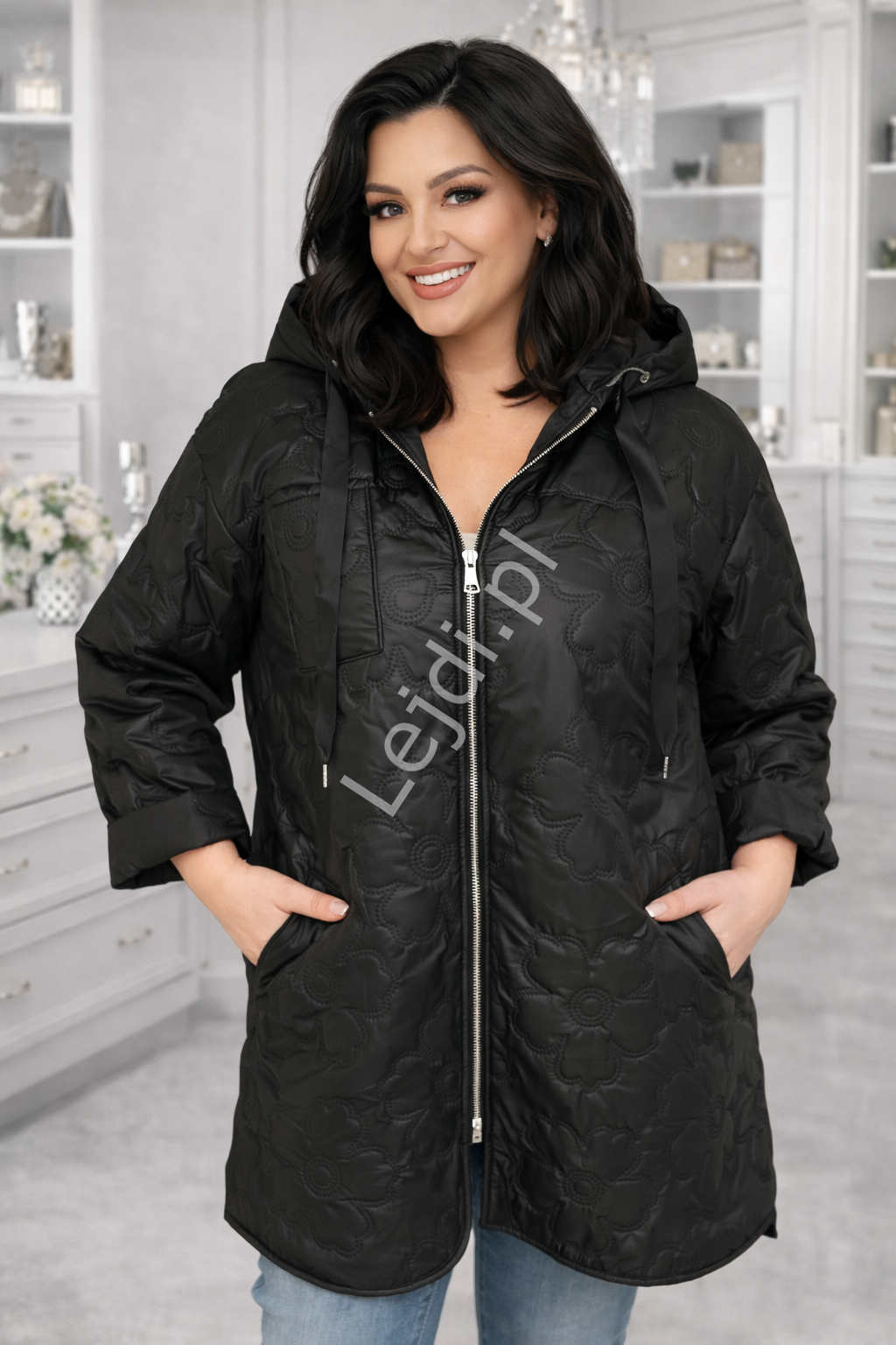 Pikowany płaszcz damski, długa kurtka PLUS SIZE 5614-1