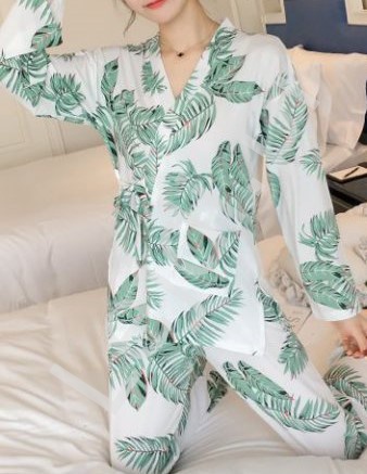 Piżama damska w zielone liście, kimono w liście + opaska na oczy