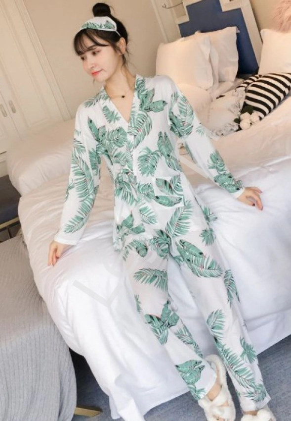 Piżama damska w zielone liście, kimono w liście + opaska na oczy 6052