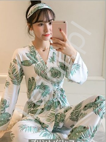 Piżama damska w zielone liście, kimono w liście + opaska na oczy