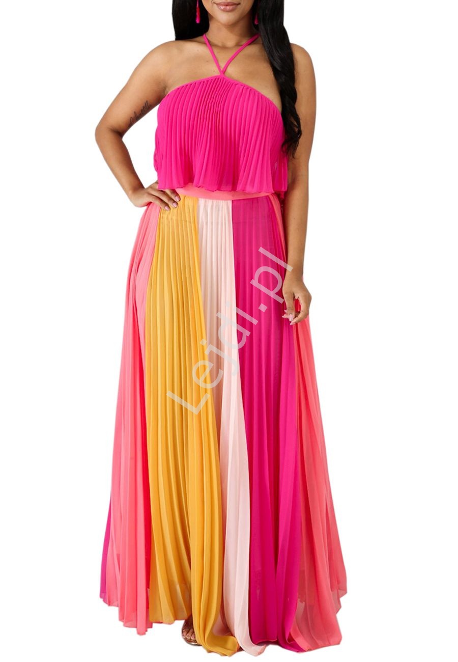 Plisowany szyfonowy komplet, długa spódnica i bluzeczka ala sukienka w odcieniach różu