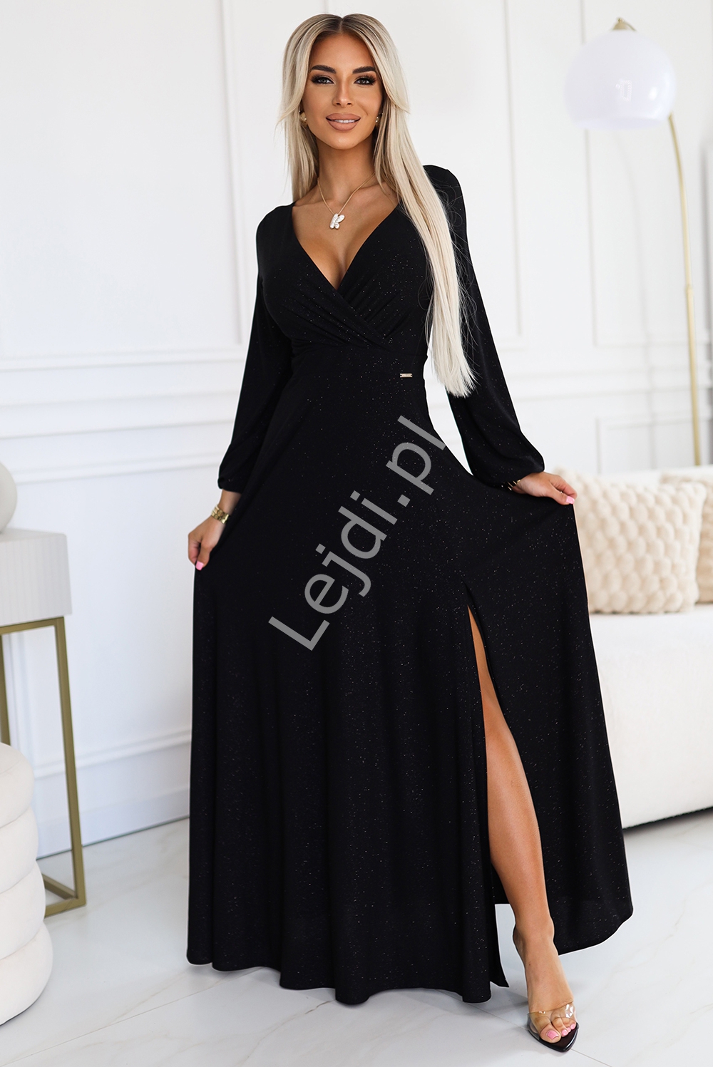 Połyskująca brokatowa sukienka z długim rękawem na studniówkę, karnawał, sylwestra, weselem 572-2 Nela