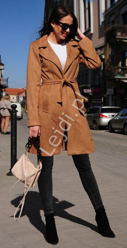 Przejściowy płaszcz z imitacji zamszu w brązowym kolorze, płaszcz rozmiary od 34 do 52, m010A