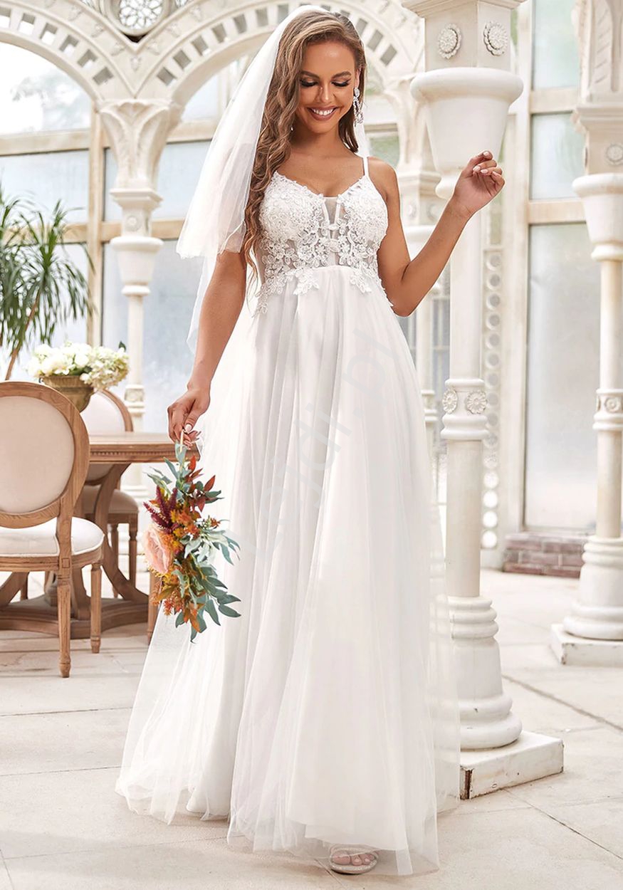Przepiękna sukienka ślubna z transparentną górą zdobioną koronką 0345