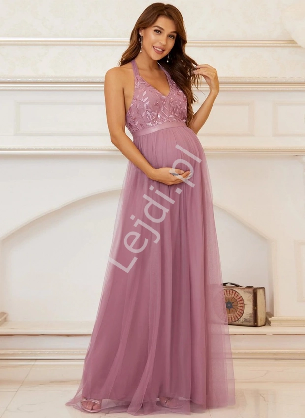 Pudrowo różowa ciążowa sukienka wieczorowa z cekinami 822