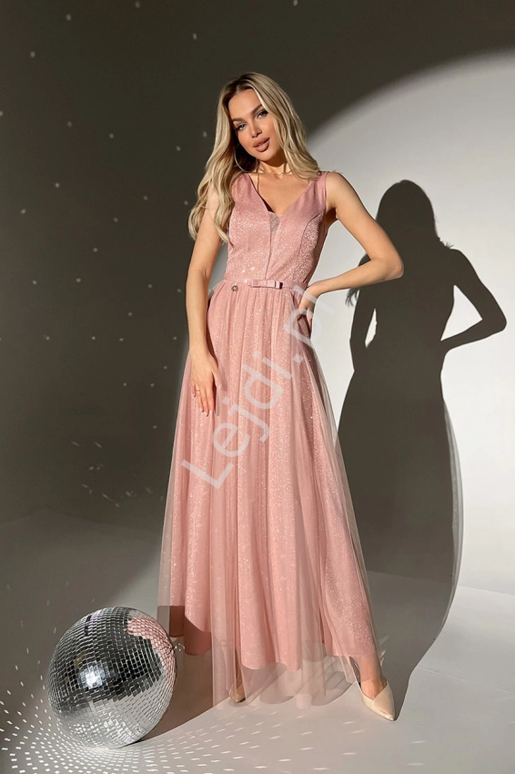 Pudrowo różowa sukienka tiulowa z połyskującym brokatem HB273