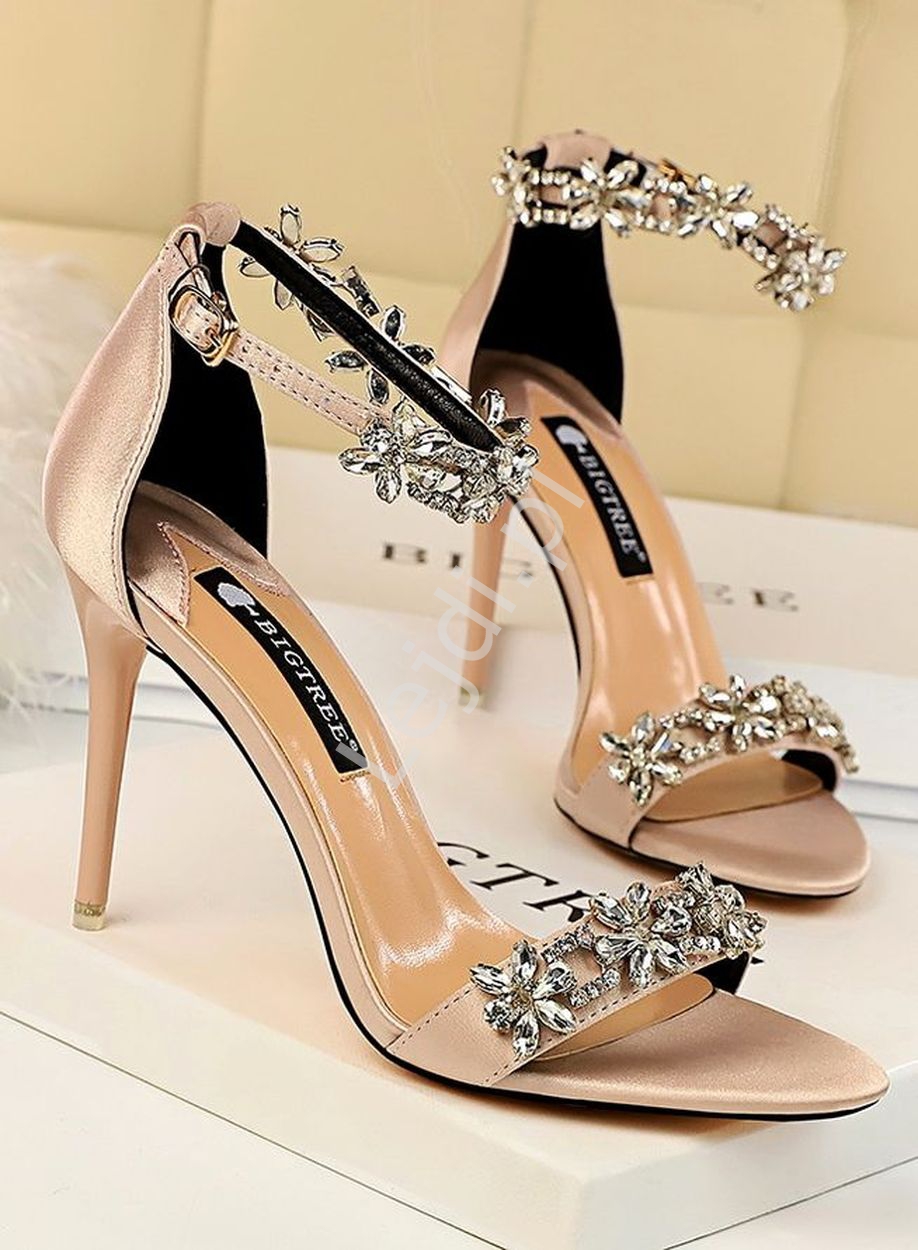 Pudrowo różowe sandałki z kryształkami , buty na wesele, studniówkę