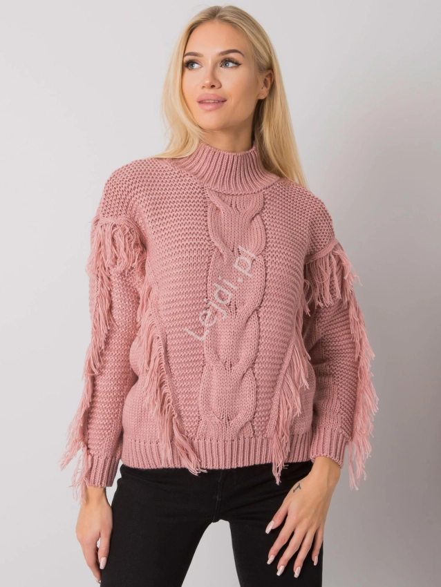 Pudrowo rózowy sweter damski z frędzelkami 3744