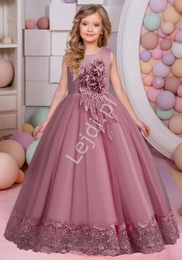 Pustynno różowa długa suknia wieczorowa dla dziewczynki, balowa sukienka dla dziewczynki R001