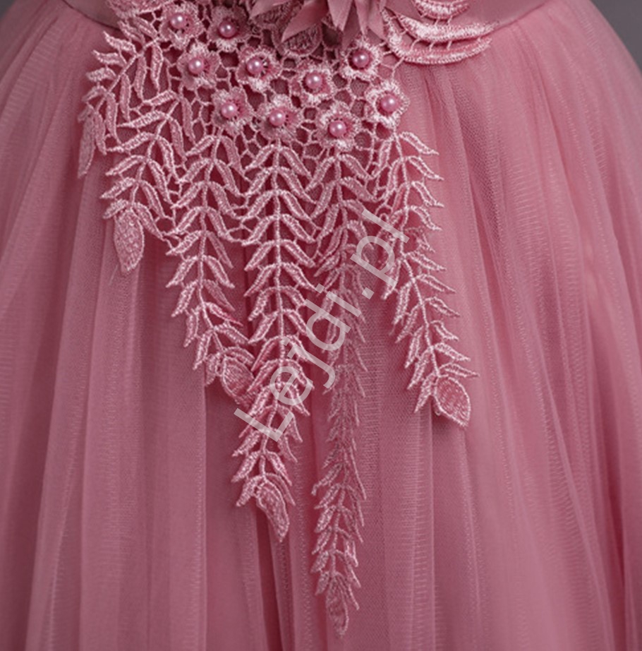 Pustynno różowa długa suknia wieczorowa dla dziewczynki, balowa sukienka dla dziewczynkiPustynno róż