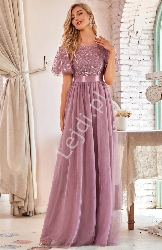 Pustynno różowa długa suknia z haftami listkami 0904