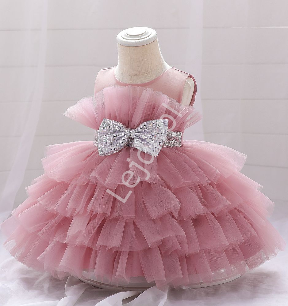 Pustynno różowa sukienka dziecięca, tiulowa z falbanami na spódnicy